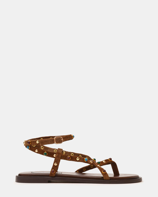 MATHIS Tan Suede Studded Embellished Strappy Thong Women's Sandal | Steve Madden Signature