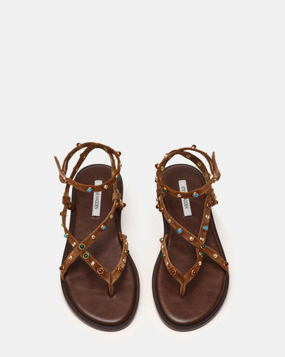 MATHIS Tan Suede Studded Embellished Strappy Thong Women's Sandal | Steve Madden Signature