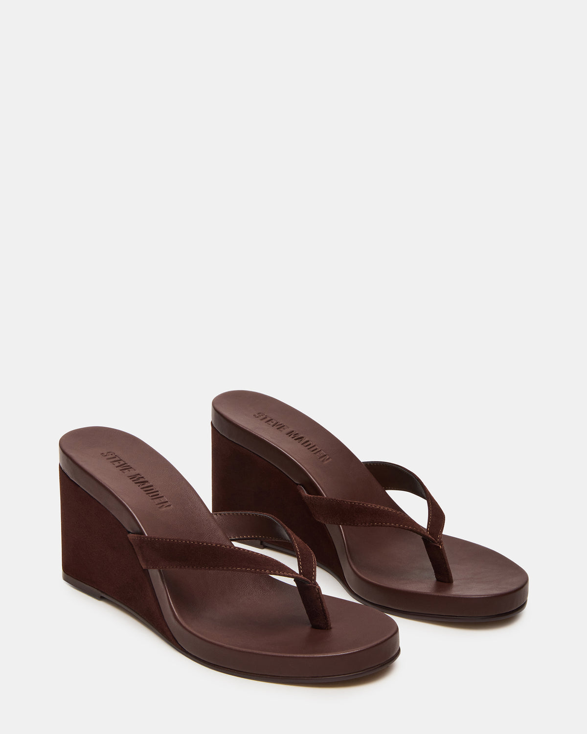 PLAYING Brown Suede Thong Wedge Women's Sandal | Steve Madden Special Offer