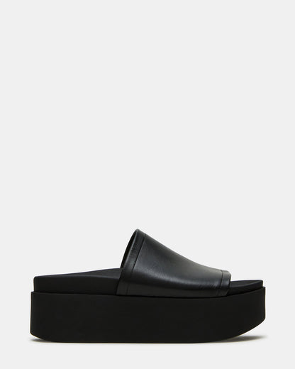 ARWEN Black Leather Women's Platform Footbed Slide Chunky Sandal | Steve Madden New