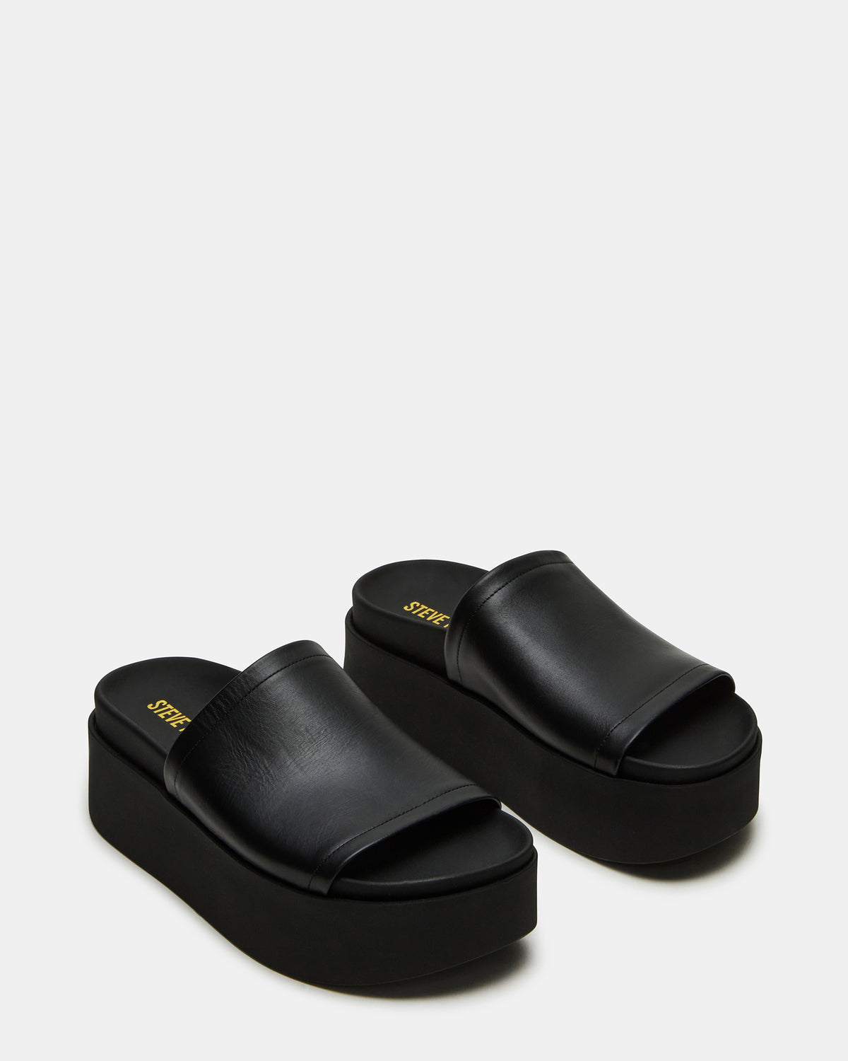 ARWEN Black Leather Women's Platform Footbed Slide Chunky Sandal | Steve Madden New