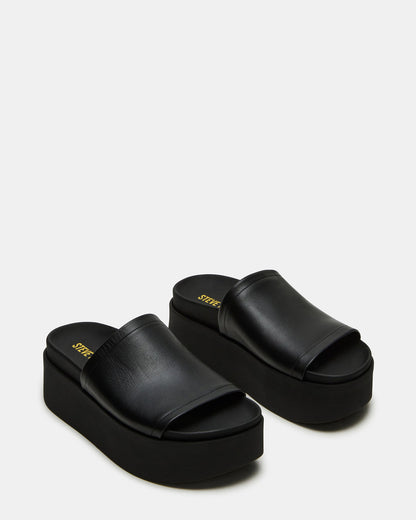 ARWEN Black Leather Women's Platform Footbed Slide Chunky Sandal | Steve Madden New