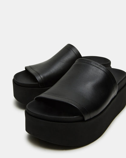 ARWEN Black Leather Women's Platform Footbed Slide Chunky Sandal | Steve Madden New
