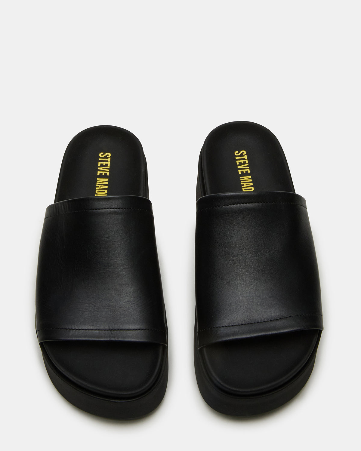 ARWEN Black Leather Women's Platform Footbed Slide Chunky Sandal | Steve Madden New