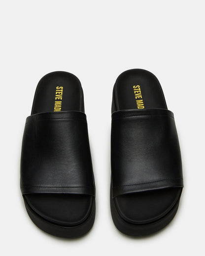 ARWEN Black Leather Women's Platform Footbed Slide Chunky Sandal | Steve Madden New