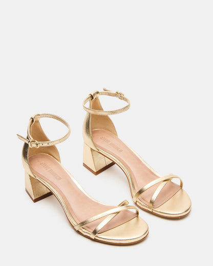 RAE Gold Leather Strappy Block Heel Women's Sandal | Steve Madden Exclusive