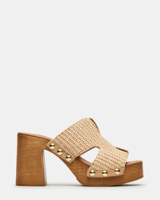 SUNKISSED Raffia Platform Block Heel Studded Women's Sandal | Steve Madden Essential