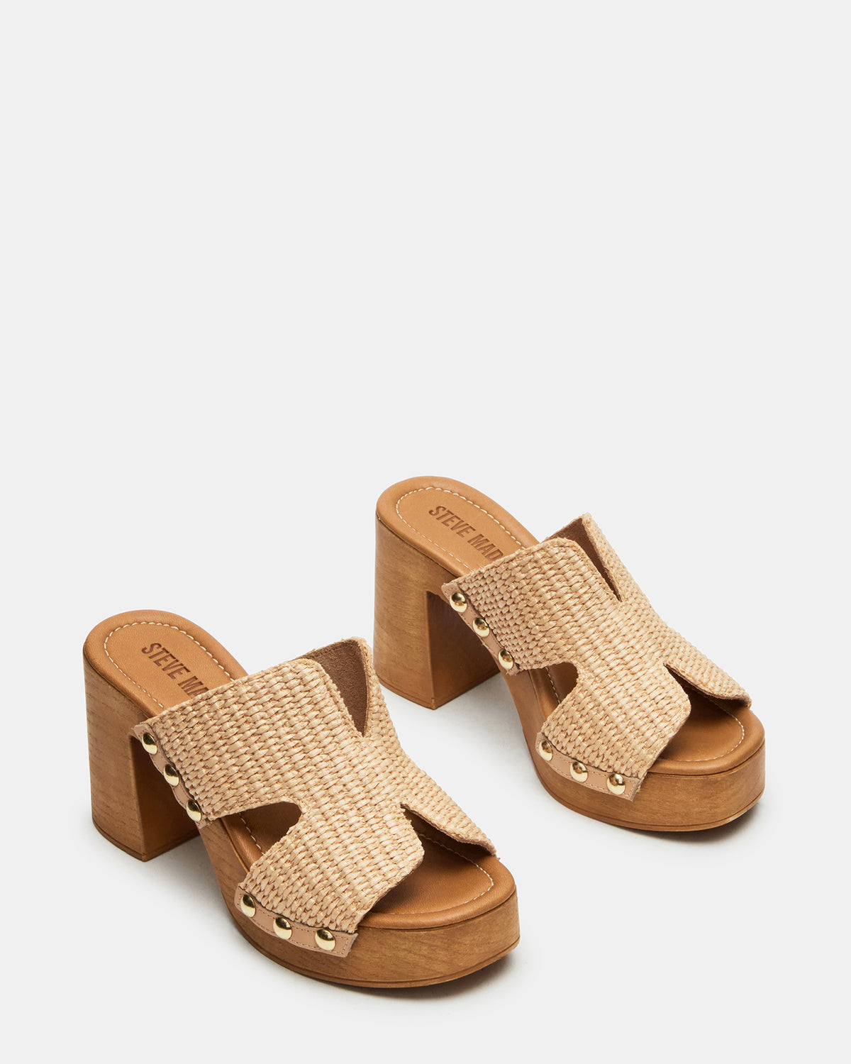SUNKISSED Raffia Platform Block Heel Studded Women's Sandal | Steve Madden Essential