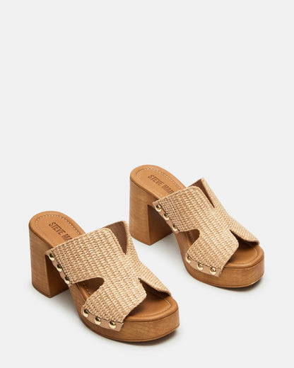 SUNKISSED Raffia Platform Block Heel Studded Women's Sandal | Steve Madden Essential