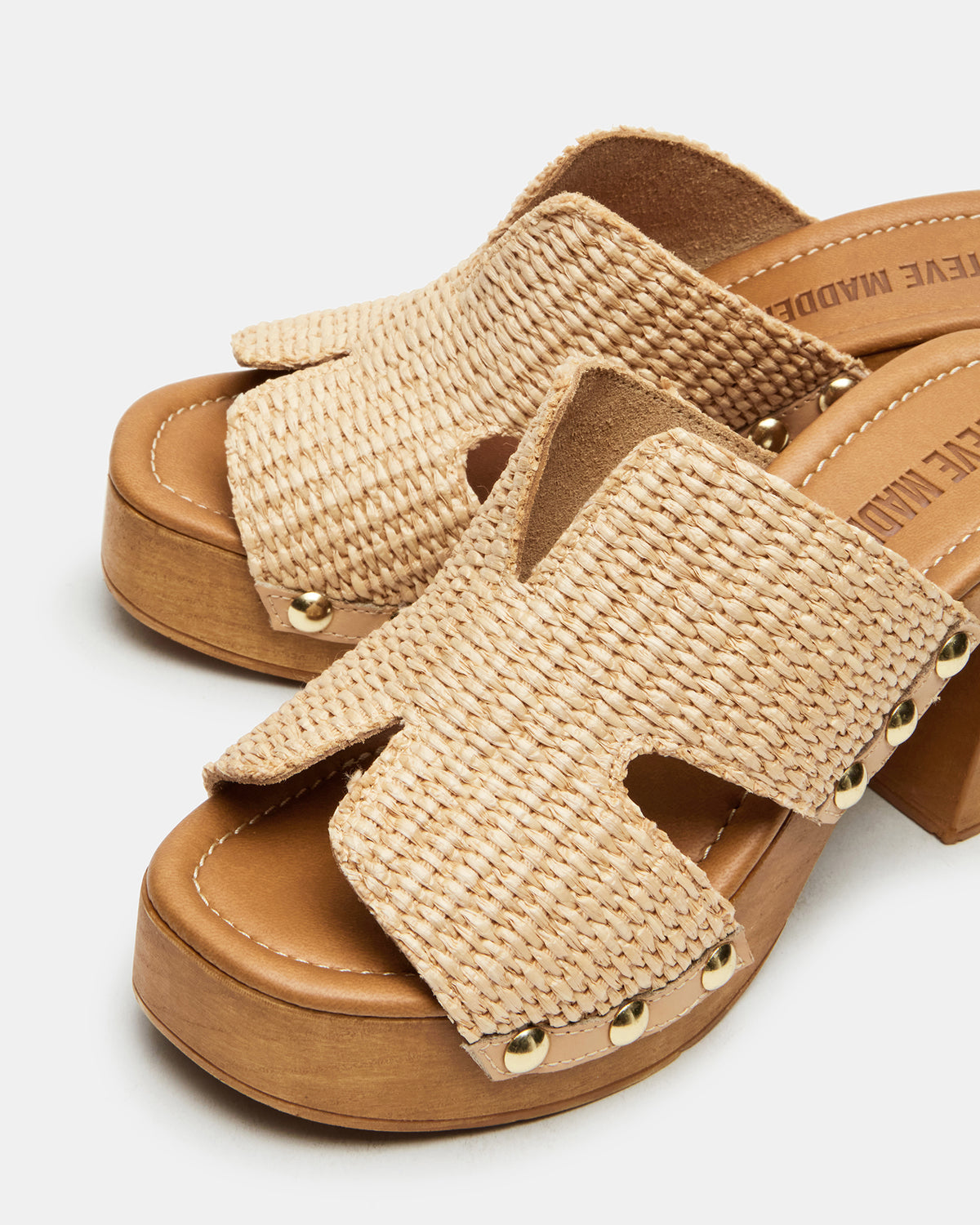 SUNKISSED Raffia Platform Block Heel Studded Women's Sandal | Steve Madden Essential
