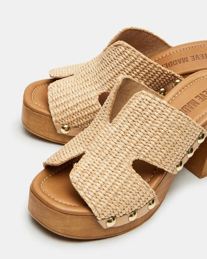 SUNKISSED Raffia Platform Block Heel Studded Women's Sandal | Steve Madden Essential