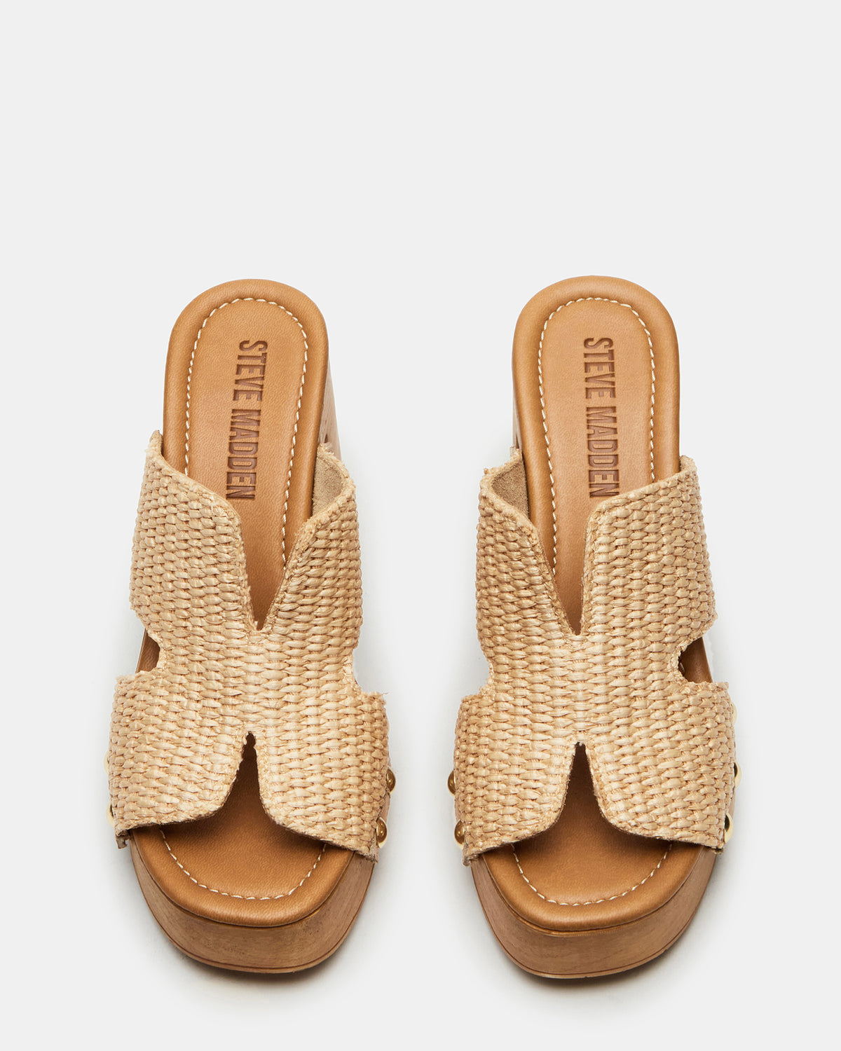 SUNKISSED Raffia Platform Block Heel Studded Women's Sandal | Steve Madden Essential