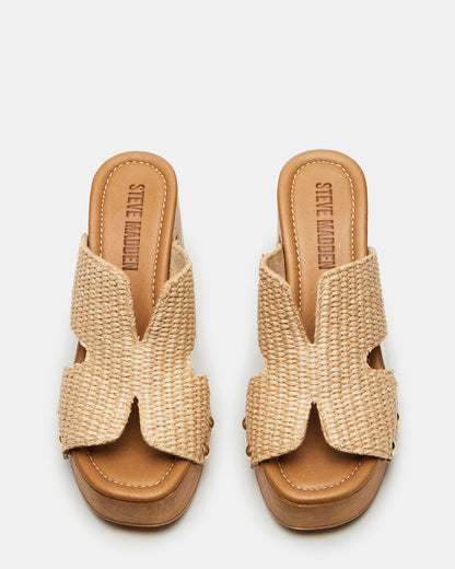 SUNKISSED Raffia Platform Block Heel Studded Women's Sandal | Steve Madden Essential