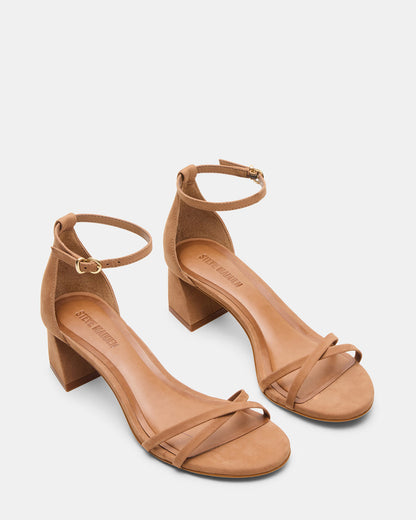 RAE Tan Nubuck Strappy Block Heel Women's Sandal | Steve Madden Great Value