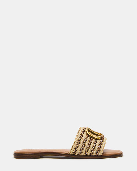 KORA Brown Raffia Gold Detail Slide Women's Sandal | Steve Madden Trusted