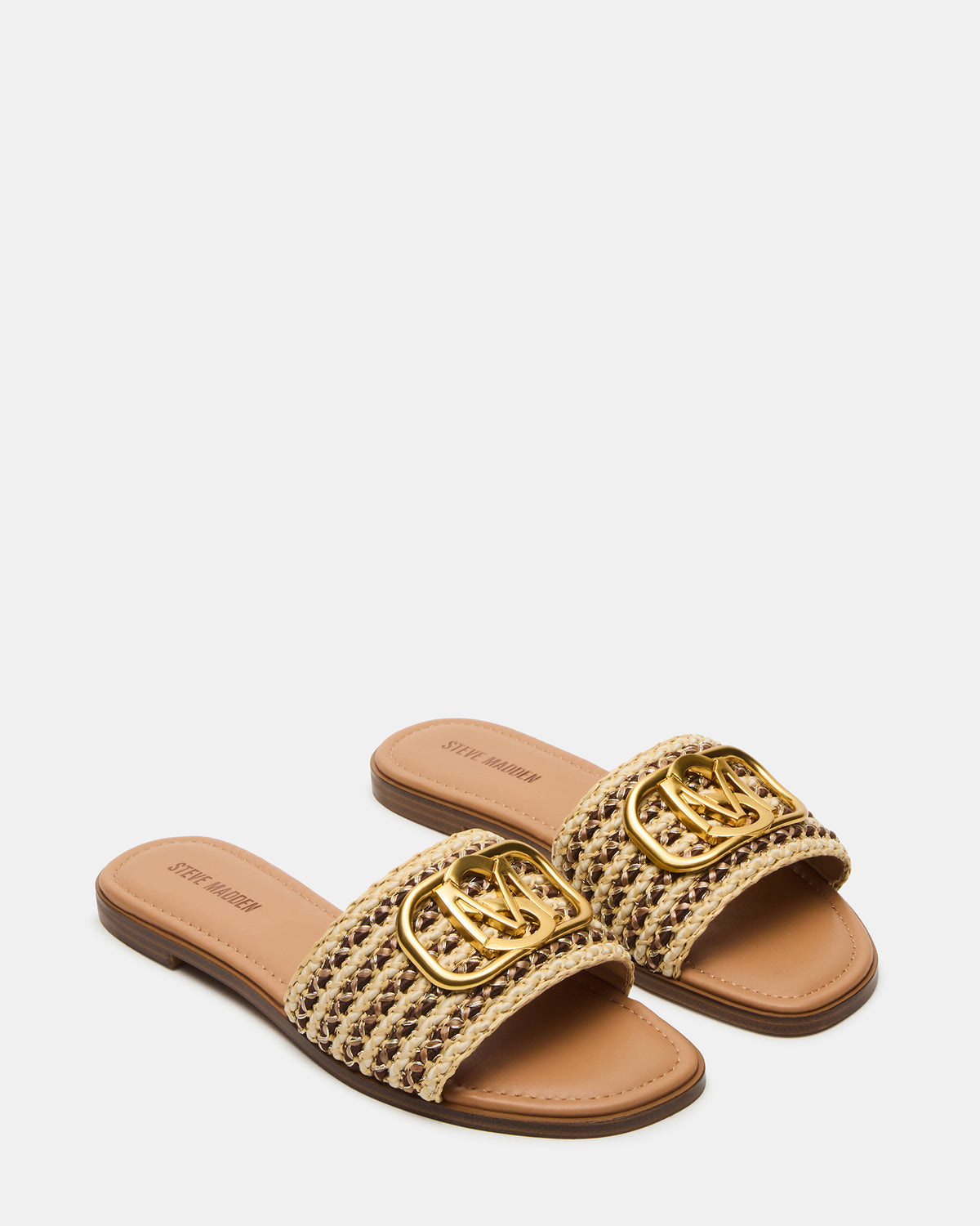 KORA Brown Raffia Gold Detail Slide Women's Sandal | Steve Madden Trusted