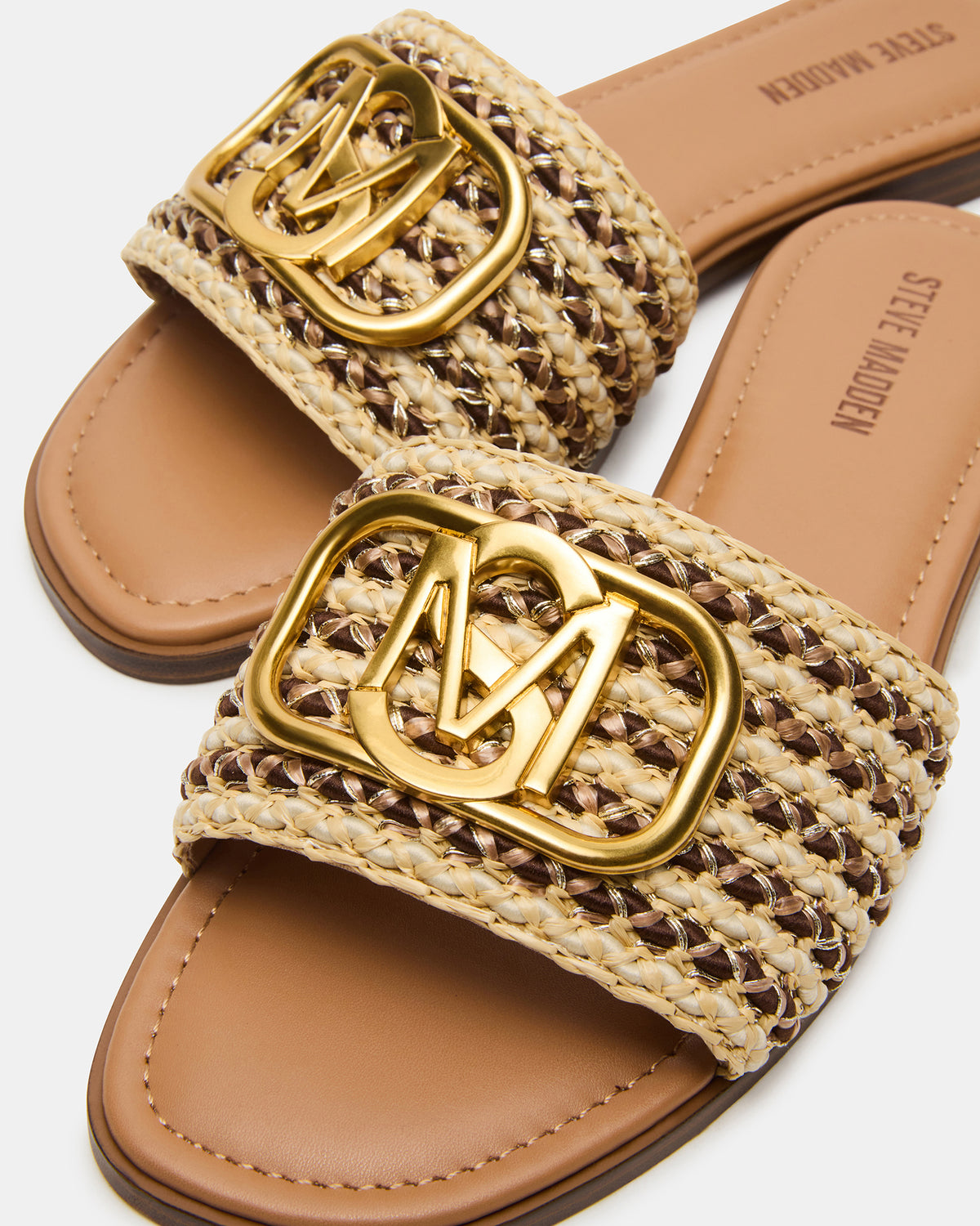 KORA Brown Raffia Gold Detail Slide Women's Sandal | Steve Madden Trusted