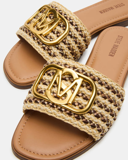 KORA Brown Raffia Gold Detail Slide Women's Sandal | Steve Madden Trusted