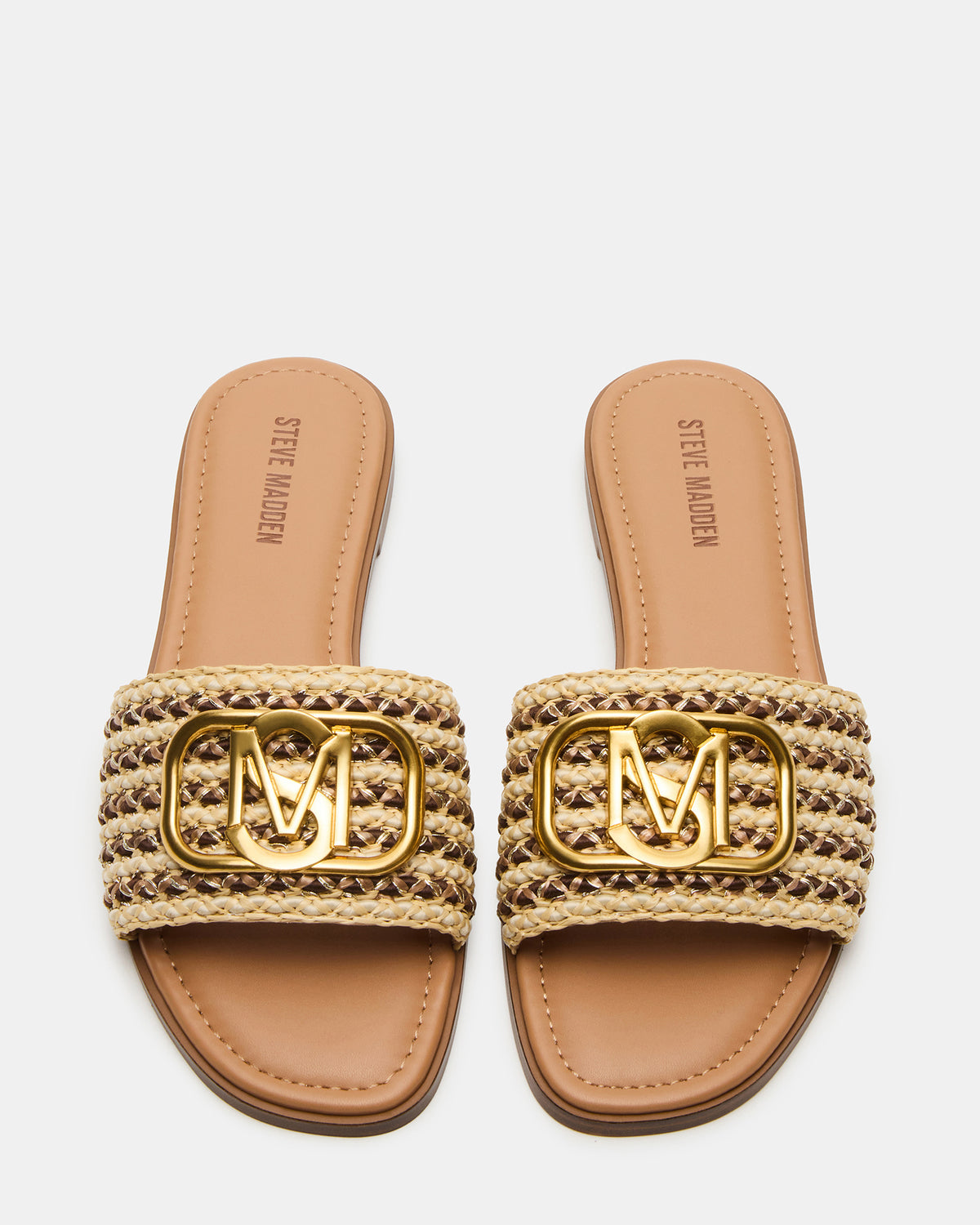 KORA Brown Raffia Gold Detail Slide Women's Sandal | Steve Madden Trusted