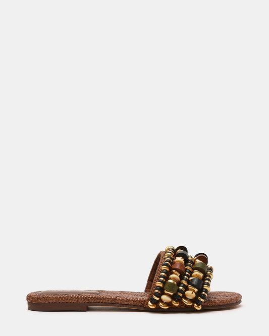 MARIKA Beads Brown Raffia Round-Toe Slide Women's Sandal | Steve Madden Quality