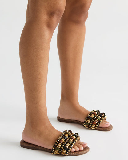 MARIKA Beads Brown Raffia Round-Toe Slide Women's Sandal | Steve Madden Quality
