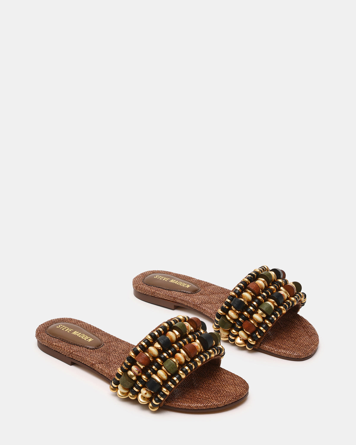 MARIKA Beads Brown Raffia Round-Toe Slide Women's Sandal | Steve Madden Quality