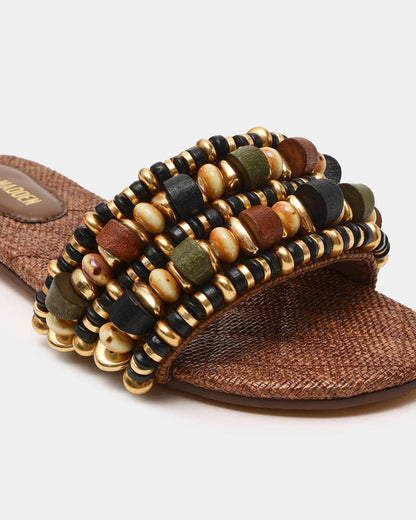 MARIKA Beads Brown Raffia Round-Toe Slide Women's Sandal | Steve Madden Quality