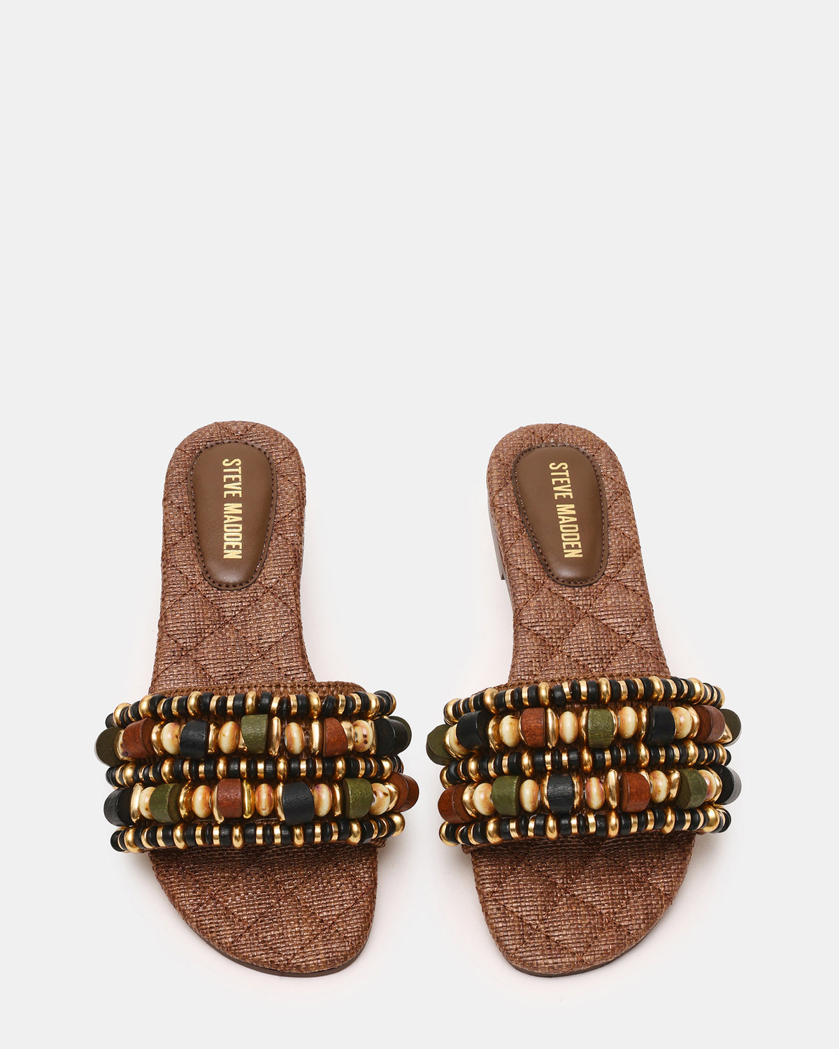 MARIKA Beads Brown Raffia Round-Toe Slide Women's Sandal | Steve Madden Quality