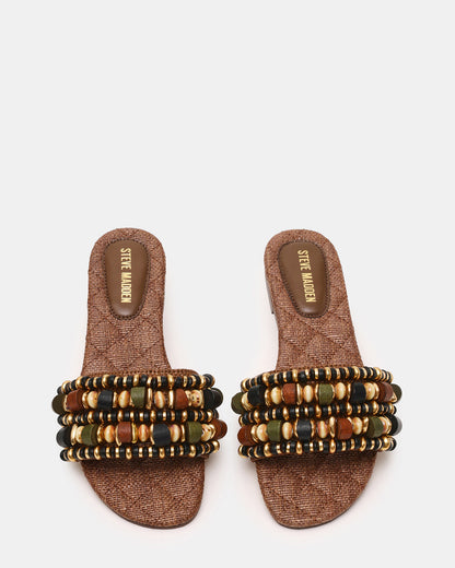 MARIKA Beads Brown Raffia Round-Toe Slide Women's Sandal | Steve Madden Quality