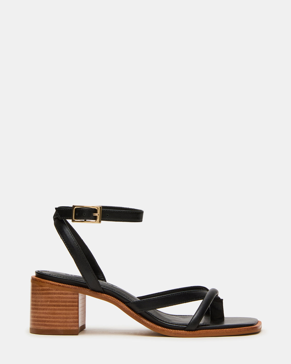 TILLY Black Leather Square-Toe Block Heel Strappy Women's Sandal | Steve Madden Quality