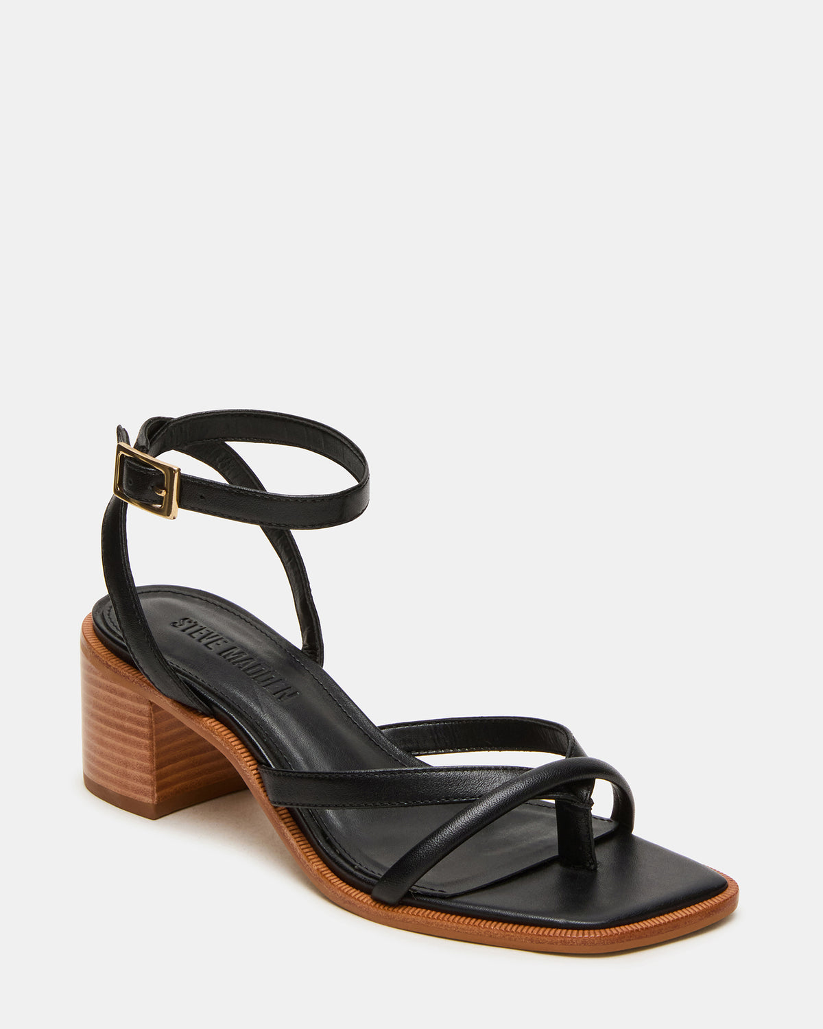TILLY Black Leather Square-Toe Block Heel Strappy Women's Sandal | Steve Madden Quality