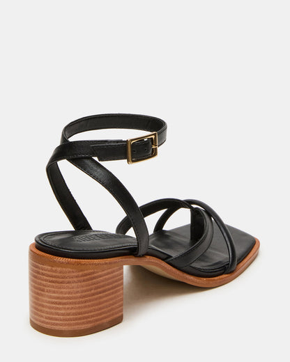 TILLY Black Leather Square-Toe Block Heel Strappy Women's Sandal | Steve Madden Quality