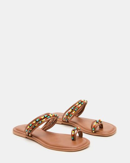 NABILA Tan Multi Sqaure-Toe Beaded Women's Sandal | Steve Madden Sale