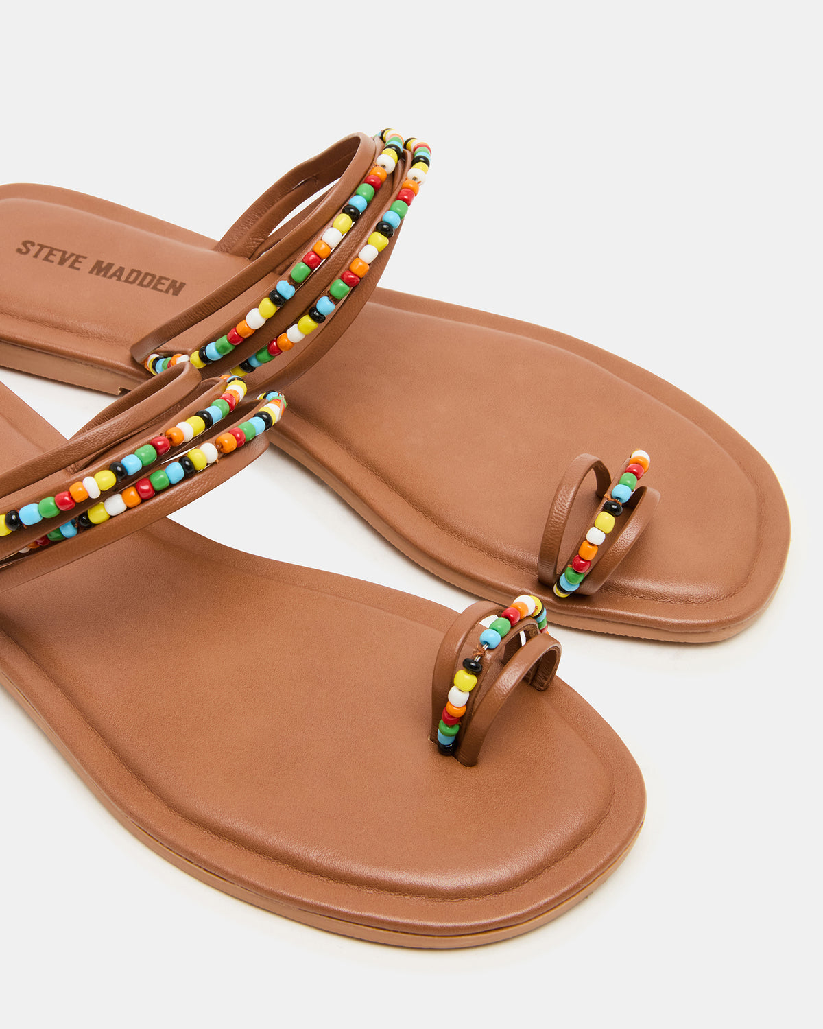 NABILA Tan Multi Sqaure-Toe Beaded Women's Sandal | Steve Madden Sale
