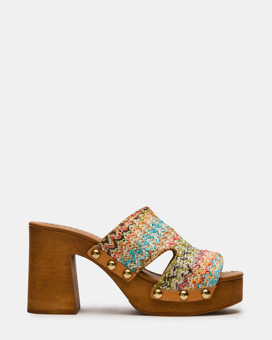 SUNKISSED Multi Raffia Platform Block Heel Studded Women's Sandal | Steve Madden Best Price