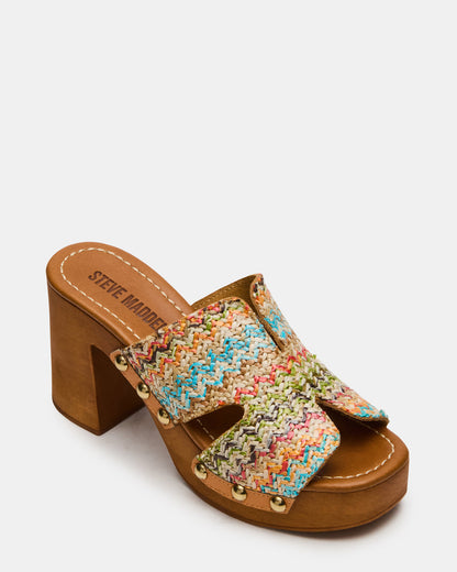 SUNKISSED Multi Raffia Platform Block Heel Studded Women's Sandal | Steve Madden Best Price