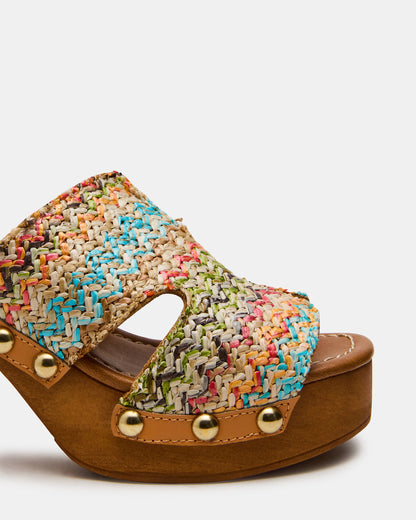 SUNKISSED Multi Raffia Platform Block Heel Studded Women's Sandal | Steve Madden Best Price