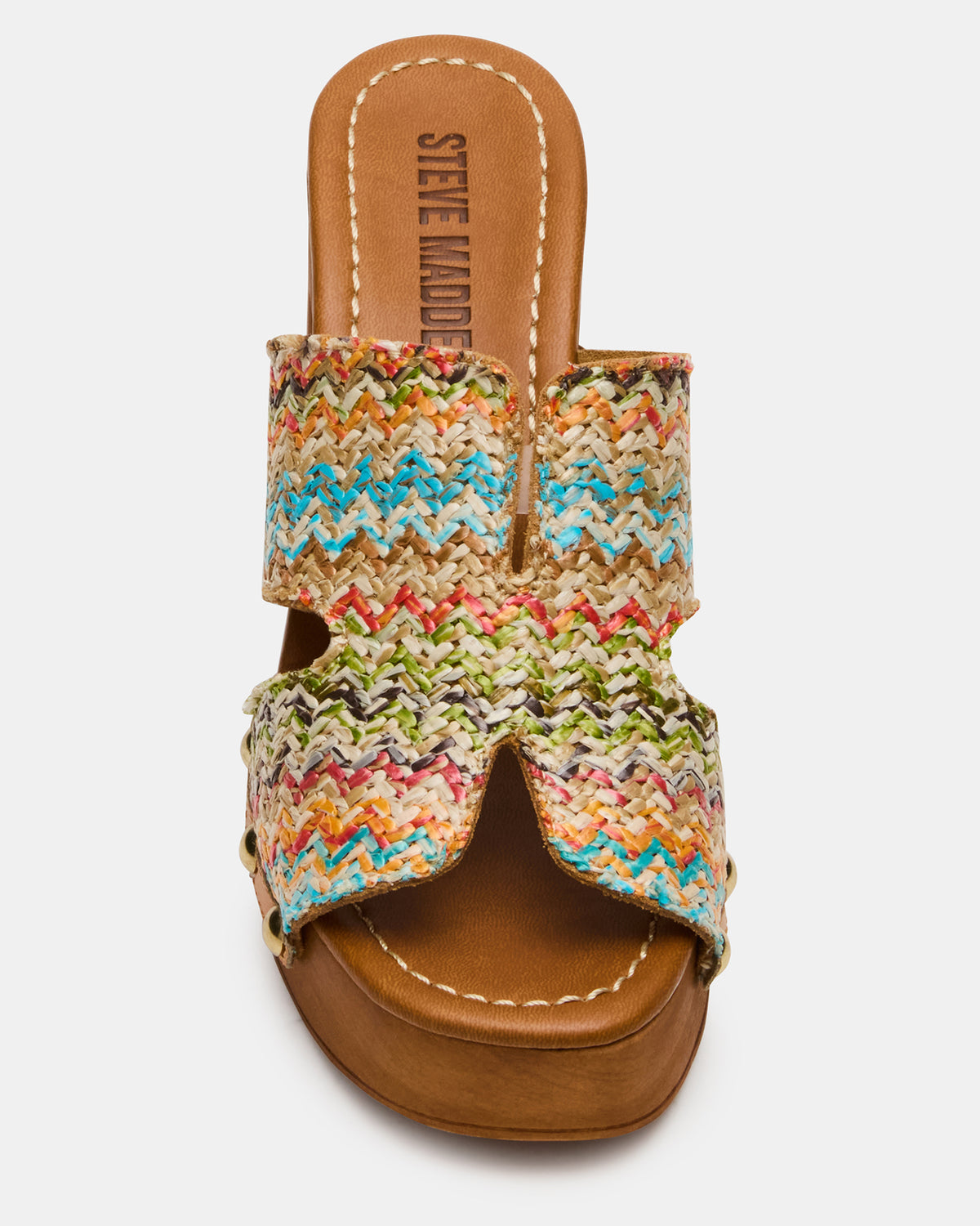 SUNKISSED Multi Raffia Platform Block Heel Studded Women's Sandal | Steve Madden Best Price