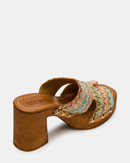 SUNKISSED Multi Raffia Platform Block Heel Studded Women's Sandal | Steve Madden Best Price