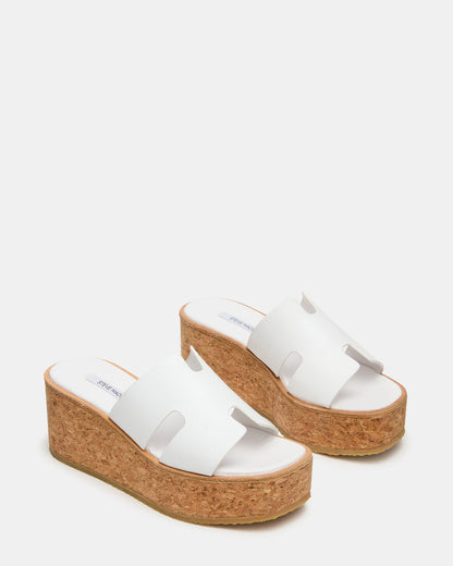 HARMONY White Leather Wedge Mule Cork Platform Women's Sandal | Steve Madden Premium