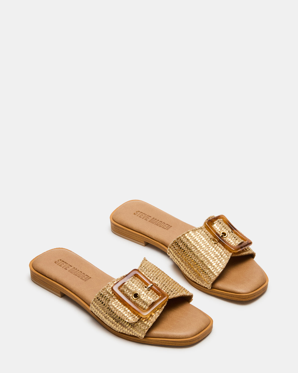 HAPP Gold Square-Toe Raffia Slide Women's Sandal | Steve Madden Discount