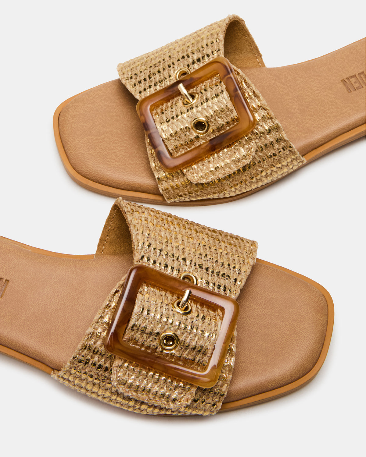 HAPP Gold Square-Toe Raffia Slide Women's Sandal | Steve Madden Discount