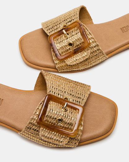HAPP Gold Square-Toe Raffia Slide Women's Sandal | Steve Madden Discount