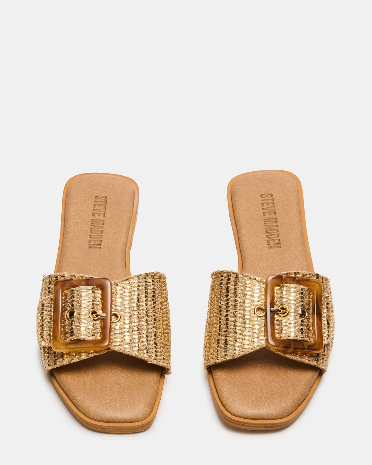 HAPP Gold Square-Toe Raffia Slide Women's Sandal | Steve Madden Discount