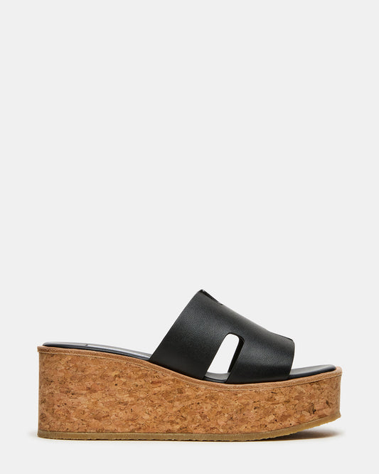HARMONY Black Leather Wedge Mule Cork Platform Women's Sandal | Steve Madden Premium