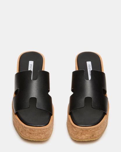 HARMONY Black Leather Wedge Mule Cork Platform Women's Sandal | Steve Madden Premium