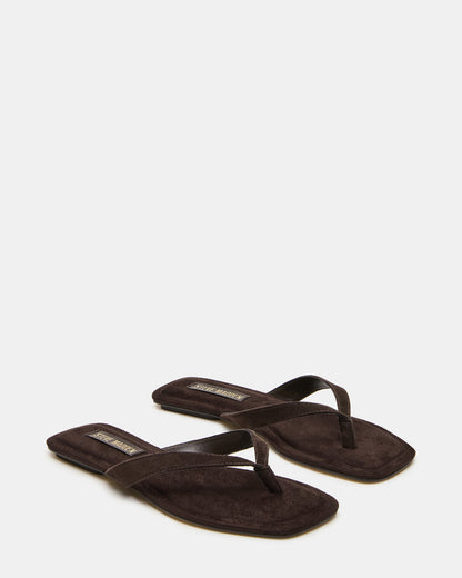 TRELLA Brown Suede Square-Toe Thong Women's Sandal | Steve Madden Signature