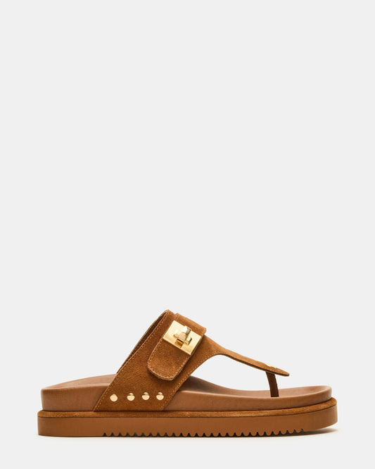 THONA Chestnut Suede Women's Flatform Thong Sandal | Steve Madden Featured