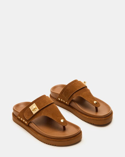 THONA Chestnut Suede Women's Flatform Thong Sandal | Steve Madden Featured