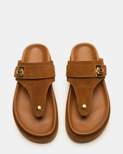 THONA Chestnut Suede Women's Flatform Thong Sandal | Steve Madden Featured